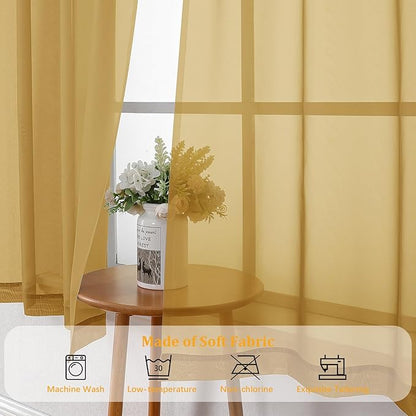 Gwine Gold Sheer Curtains 63 Inch Length for Living Room 2 Panels, Light Filtering Rod Pocket Window Curtain Treatment for Bedroom, Voile Elegant Sheer Drapes，Each 42" Wx63 L, Gold