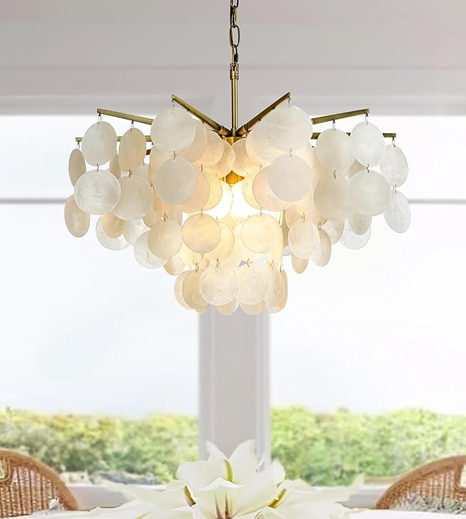 ALOADECOR 4-Light 22" Cone Shape 4-Tier Coastal Capiz Shells Chandelier with Antique Gold Metal Farmhouse Natural Seashell for Dining Room Living Room