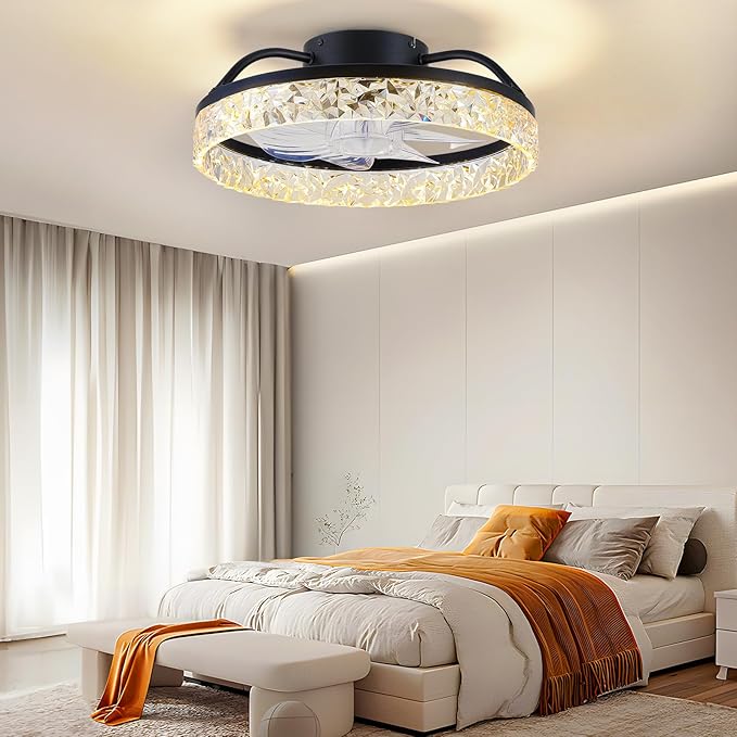 Mpayel Ceiling Fans with Lights and Remote/APP Control, Modern Dimmable Low Profile Ceiling Fan, Flush Mount Bladeless Ceiling Fan, 16" Memory Function Forward Reverse and 6 Speeds - Black