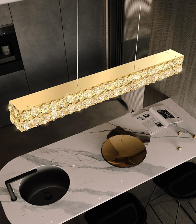 40'' Modern Crystal Chandelier for Dining Room Ceiling Light Fixture for Living Room Hallway Lighting LED Dimmable with Remote Gold