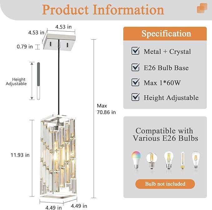 Chrome Pendant Lights Kitchen Island, Adjustable Modern Pendant Light Fixtures 1 Pack, Mini Crystal Chandeliers for Dining Room Bedroom Foyer Hallway