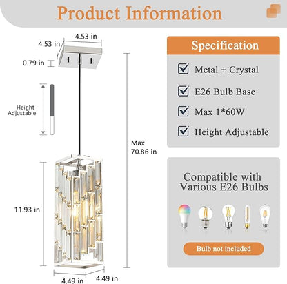 Chrome Pendant Lights Kitchen Island, Adjustable Modern Pendant Light Fixtures 1 Pack, Mini Crystal Chandeliers for Dining Room Bedroom Foyer Hallway