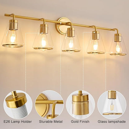 Gold Vanity Light 5 Lights 38.5" Large Vanity Lights for Bathroom, Wall Sconces Light with Clear Glass Shade, Light Fixtures for Bathroom, Living Room, Kitchen, Bedroom, E26 Base