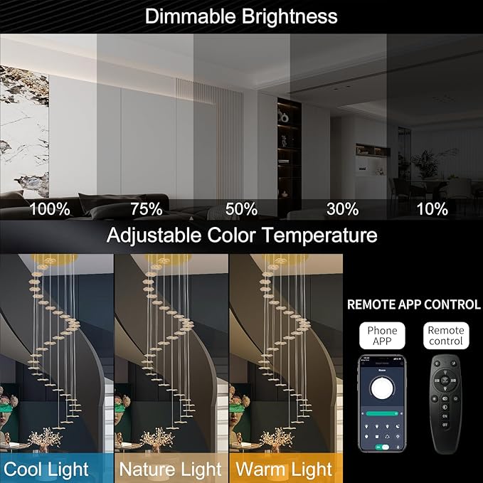ziidoo High Ceiling Chandelier - 32-Light Dimmable Modern Gold Long Spiral Luxury Linear Lotus Leaf Led Lamp Hanging Pendant Lights for Foyer Enterway Staircase Villas
