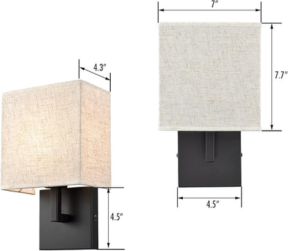 YUBOLE Industrial Wall Sconces Black Bedroom Wall Lamp with Khaki Slub Fabric Shade Dimmable Set of 2