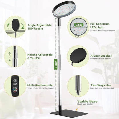 Grow Lights for Indoor Plants Full Spectrum, 48 LEDs Plant Light for Indoor Plants with 2 Mounting Options, 3 Optional Spectrums, 3/9/12Hrs, 10 Brightness, 7"-26" Height Adjustable (Black)