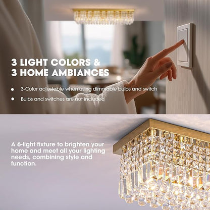 Modern Crystal Chandeliers for Dining Room Light Fixture, 6-Light Gold Rectangle Chandelier Ceiling Light for Kitchen Island Living Room, L31.5 Inch