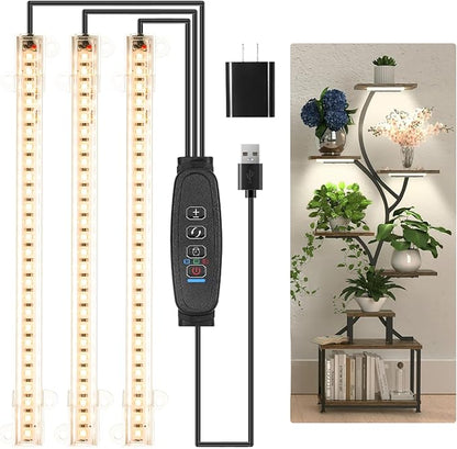 8.6'' LED Grow Light Strips, Full Spectrum 3500K Grow Lights for Indoor Plants, 3 Head with 3/9/12H Timer, 10 Dimmable Levels, Suitable for Seedling, Succulent, Plant Shelf and Greenhouse, 1-Pack