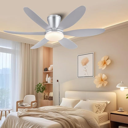 GJeg Ceiling Fans with Lights,42" Low Profile Ceiling Fan with Light and Remote Control,Flush Mount, Reversible, Dimmable, Noiseless, Silver Ceiling Fan for Bedroom