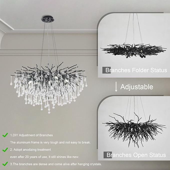 Chandeliers for Dining Room - 31.5" Modern Black Crystal Chandelier, Round Tree Branch Raindrop Chandelier, Foyer Chandeliers for Entryway, Living Room,Bedrooms,Bathroom(Bulb not Included)