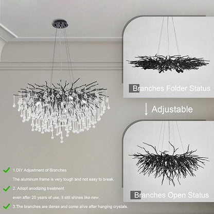 Chandeliers for Dining Room - 31.5" Modern Black Crystal Chandelier, Round Tree Branch Raindrop Chandelier, Foyer Chandeliers for Entryway, Living Room,Bedrooms,Bathroom(Bulb not Included)