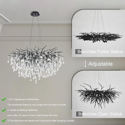 Chandeliers for Dining Room - 23.6" Modern Black Crystal Chandelier, Round Tree Branch Raindrop Chandelier, Foyer Chandeliers for Entryway, Living Room,Bedrooms,Bathroom(Bulb not Included)