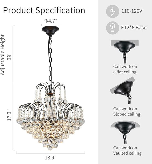 WUZUPS Crystal Chandelier Pendant Flushmount Ceiling Light Modern Lighting Fixture for Bedroom Hallway Bar Kitchen Bathroom, H 17.3" x W 18.9", Black, E12 Base