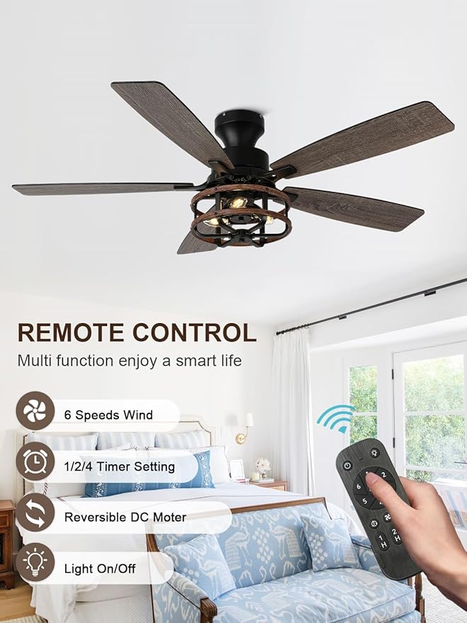 52" Farmhouse Rustic Ceiling Fan with Lights and Remote, Flush Mount Ceiling Fan Low Profile Caged Fandelier Chandelier, 5 Dual Blades Reversible DC Motor 6 Speeds for Bedroom Living Room