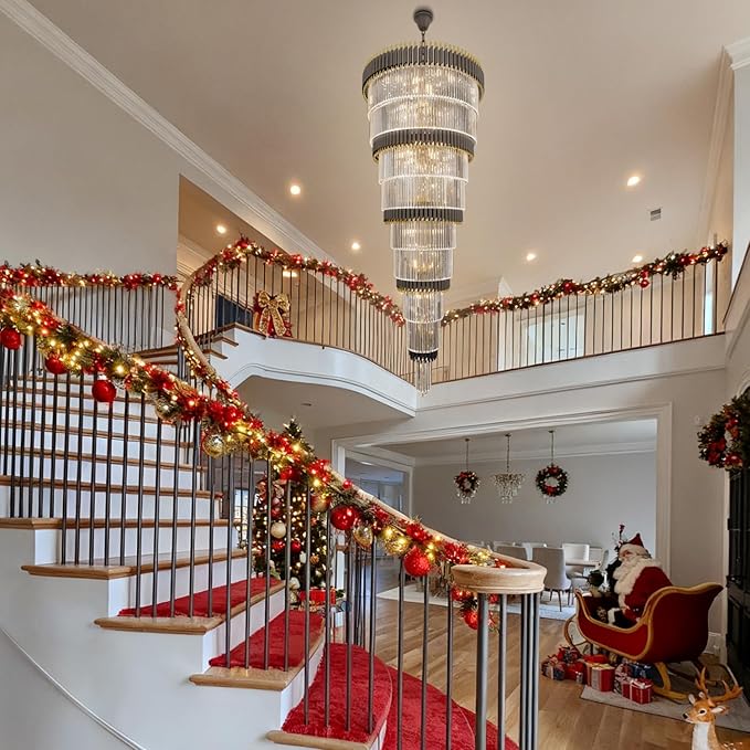 Extra Large Staircase Chandeliers 9-Tier Black and Gold Chandelier Luxury Long Crystal Chandelier Lighting for High Ceiling Foyer Entryway Grand Hotel Lobby 31-Light H84 x W40