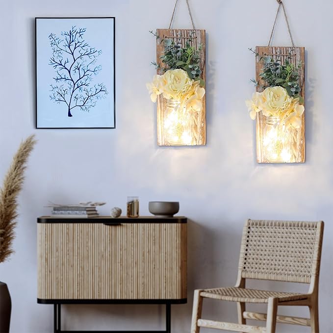 Rustic Wall Decor Set of 2, Modern Farmhouse Decor Living Room for Home Living Room Bedroom Decorations with Rose Bouquet Flowers and Remote LED Fairy Lights (X-Large Brown)