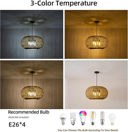 22.83in Large Rattan Chandelier Boho Wicker Hand Woven Pendant Light Farmhouse Ceiling Hanging Lighting Fixture for Living Room Kitchen Island Dining Room Hallway, 4-Lights