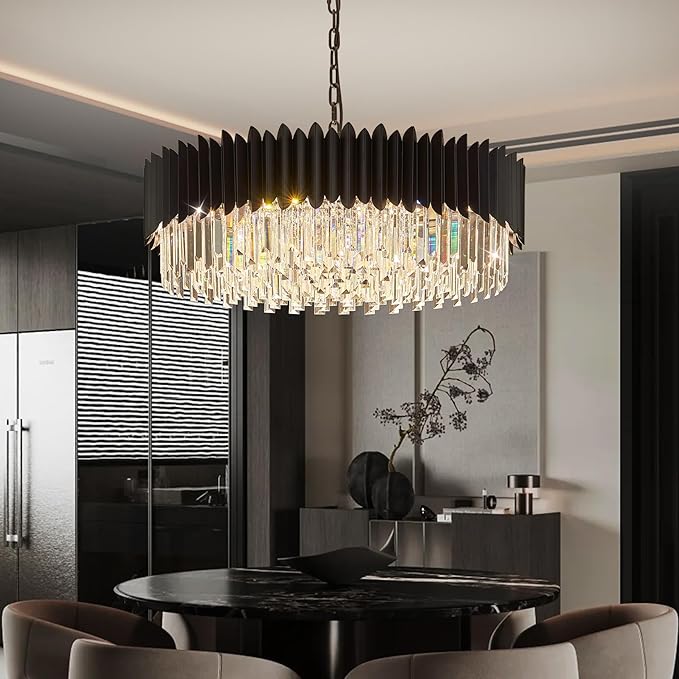 30" Modern Black Crystal Chandelier 12 Lights 6-Tier Large Ceiling Pendant Light Fixture Hanging Ceiling Light for Dining Room Living Room Bedroom Entryway Foyer