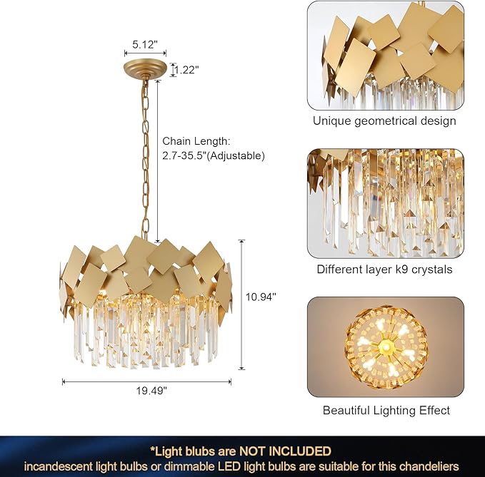 A AXILIXI Gold Crystal Chandelier for Dining Room Modern 20" Drum Chandeliers K9 Round Ceiling Pendant Light Fixtures Luxury Semi Flush Mount Chandelier for Entry Living Room Bedroom