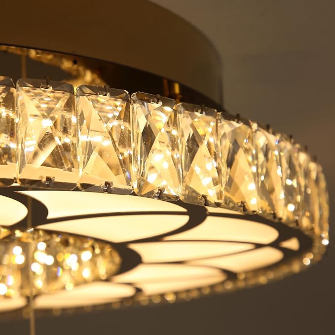 Flashing God Dia 20" Modern Crystal Chandelier Flush Mount Chandeliers LED Dimmable Bedroom Chandelier Crystal Ceiling Light for Dining Room Living Room Foyer Black