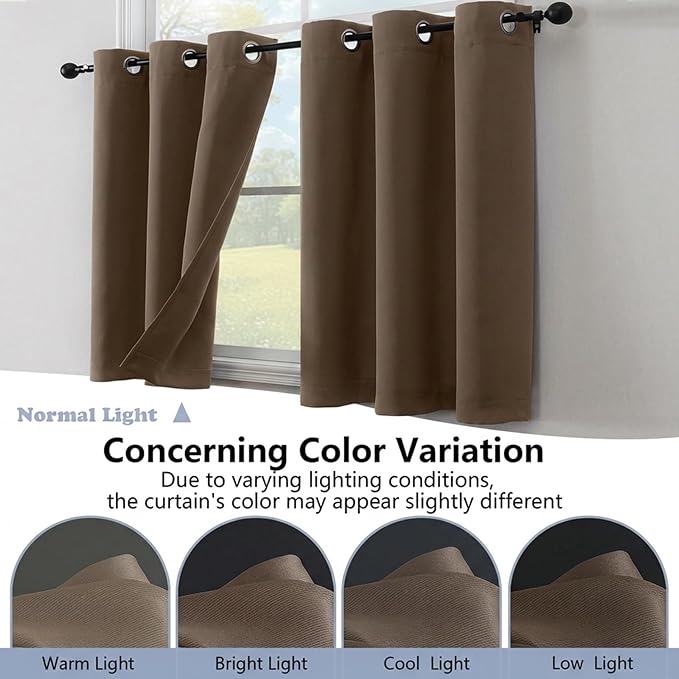Simplebrand Brown Kitchen Valances for Windows 18 Inches Long 2 Pack, Room Darkening Window Valances for Living Room, Grommet Short Straight Drape Kitchen Curtains for Bedroom Kids Room, 40Wx18L