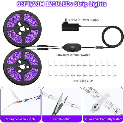 Dimmable Black Light Strip Kit 66ft/20M 1200 LEDs, 12V Flexible Blacklight Fixtures, 385nm-400nm, Black Light LED Strip for Glow Party Fluorescent Poster Halloween Indoor Bedroom Decor, Non-Waterproof