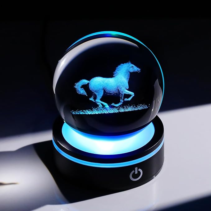 YWHL 3D Crystal Horse Figurine with LED Base, Horse Gifts for Men Women on Christmas Birthday, Glass Sphere Animal Decorative Ball for Home Decor (80mm)