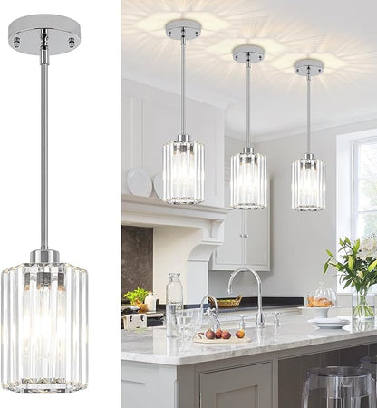 3-Pack Chrome Pendant Lights Kitchen Island Modern Crystal Hanging Pendant Light Hexagonal Mini Chandelier Adjustable Hanging Kitchen Lights for Dining Room Hallway Bedroom Entryway Light Fixture