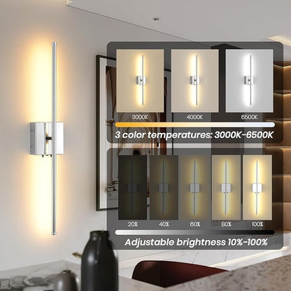 LED Wireless Battery Operated Wall Sconces, 11000mAh Rechargeable Chrome Wall Lights with Remote Control, 350°Rotate Dimmable Wall Lamp, 3 Color Temperatures, for Bedroom Living Room Hallway, 1 PCS