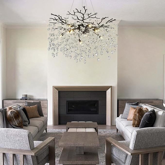 Modern Black Crystal Tree Branch Chandelier, 23" Black K9 Crystal Chandeliers for Dining Room, Round Chandelier for Living Room,High Ceiling,Kitchen Island,Foyer,Staircase