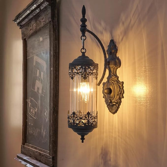 Vintage Wall Sconce with Amber Glass Shade, Rustic Black Farmhouse Wall Light Fixture, Antique Gothic Decorative Metal Wall Lamp for Hallway, Bedroom, Living Room, Entryway