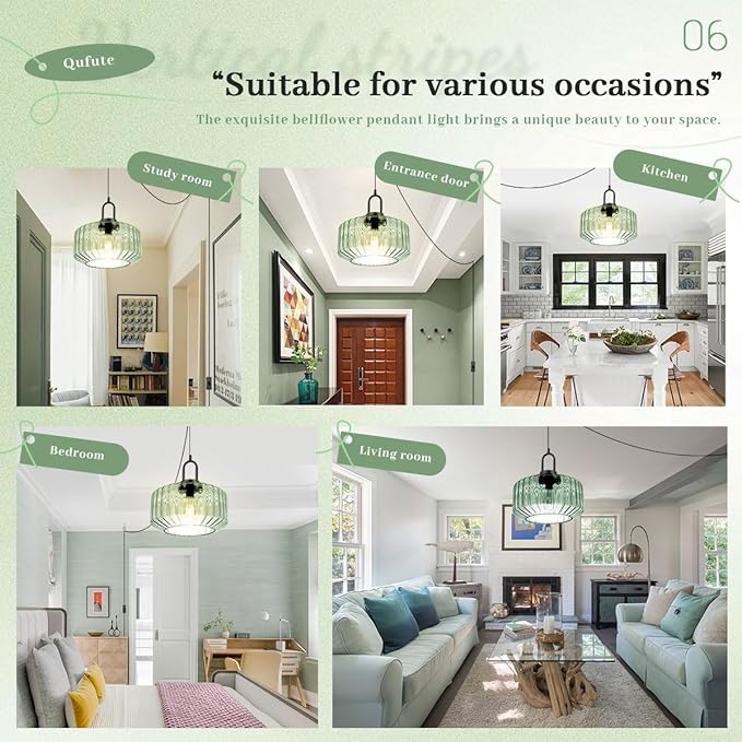 Plug-in Hanging Lamp Light Green Pendant Lights with 14.7 ft Cord Vintage Large Striped Glass Pendant Lamp Modern Glass Hanging Light Plug in Chandelier Lighting Mid Century Swag Lamp
