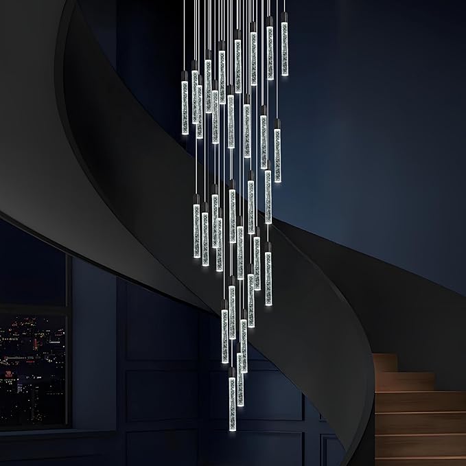 30-Lights Bubble Chandelier for Entryway High Ceiling-196 Height Adjustable Crystal Chandelier,3 Color Temperature Dimmable LED Pendant Light Fixture for Foyer Living Room Staircase,Matte Black