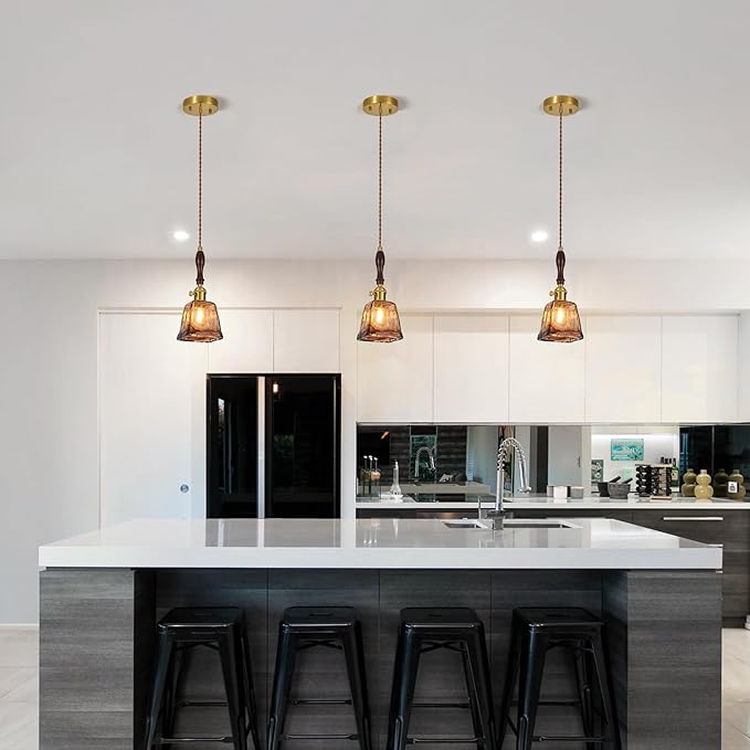 Amber Glass Vintage Pendant Light Height Adjustable Handmade Glass Pendant Lights Kitchen Island Gold Hanging Light Fixture with Wood Handle for Bedroom Dining Room Hotel (2Pack)