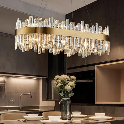 Siljoy 16-Light Rectangular Gold Crystal Chandelier for Dining Room, Modern 2-Tiers K9 Crystal Raindrop Chandelier, Luxury Crystal Pendant Ceiling Light for Living Room Kitchen Island, L35.4''