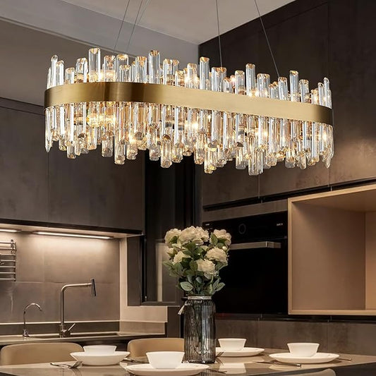 Siljoy 16-Light Rectangular Gold Crystal Chandelier for Dining Room, Modern 2-Tiers K9 Crystal Raindrop Chandelier, Luxury Crystal Pendant Ceiling Light for Living Room Kitchen Island, L35.4''