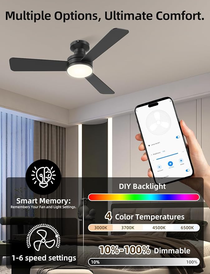 42" RGB Ceiling Fan with Light, Smart Fan with Alexa/Google/App Control, Flush Mount Ceiling Fan Light Music Sync, 6-Speed Quiet DC Motor, 4 CCT Dimmable Lighting for Living Room, Black