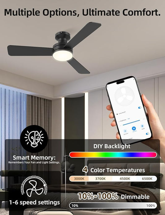 42" RGB Ceiling Fan with Light, Smart Fan with Alexa/Google/App Control, Flush Mount Ceiling Fan Light Music Sync, 6-Speed Quiet DC Motor, 4 CCT Dimmable Lighting for Living Room, Black