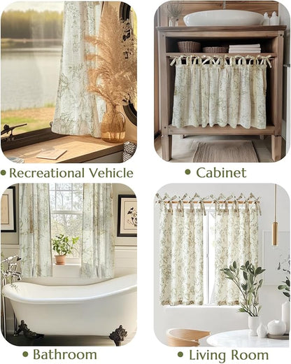 jinchan Floral Linen Tier Curtains 36 Inch Farmhouse Cafe Curtains Tie Top Botanic Drapes for Small Windows Over Sink for Kitchen Country Rustic Laundry Room Bathroom RV 2 Panels Green on Beige