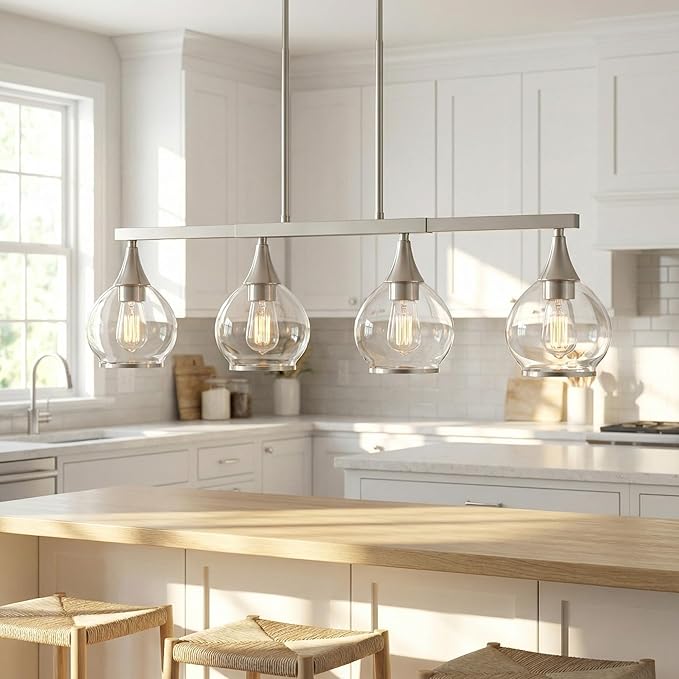 Kitchen Island Linear Pendant Light, 4-Light Modern Chandelier with Clear Glass Globe Shades, Linear Lighting Fixture Over Dining Table, Brushed Nickel