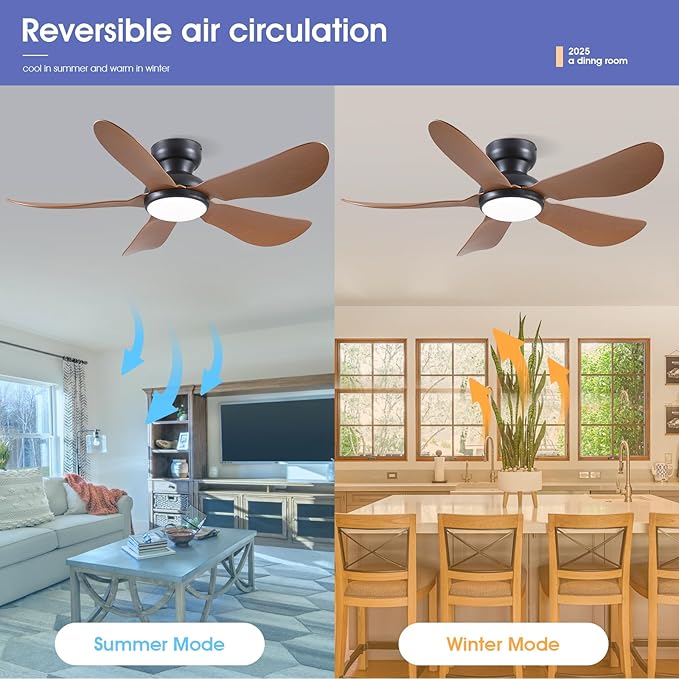 Kviflon 46 Inch Modern Ceiling Fans with Lights, Flush Mount Ceiling Fan, Remote/APP Control, 5 Reversible Curved Blades, 6 Speeds, 3 CCT Dimmable LED Lights for Bedroom Kids Room, Brown