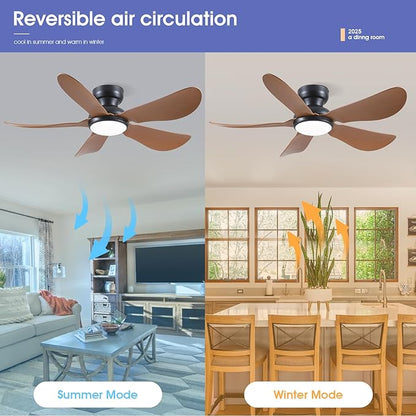 Kviflon 46 Inch Modern Ceiling Fans with Lights, Flush Mount Ceiling Fan, Remote/APP Control, 5 Reversible Curved Blades, 6 Speeds, 3 CCT Dimmable LED Lights for Bedroom Kids Room, Brown