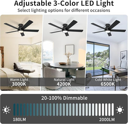 POCHFAN 52 Inch Black Ceiling Fans with Lights and Remote, LED Low Profile Flush Mount Ceiling Fan for Bedroom, Living Room, with Quiet DC Motor, Dimmable 6 Speeds