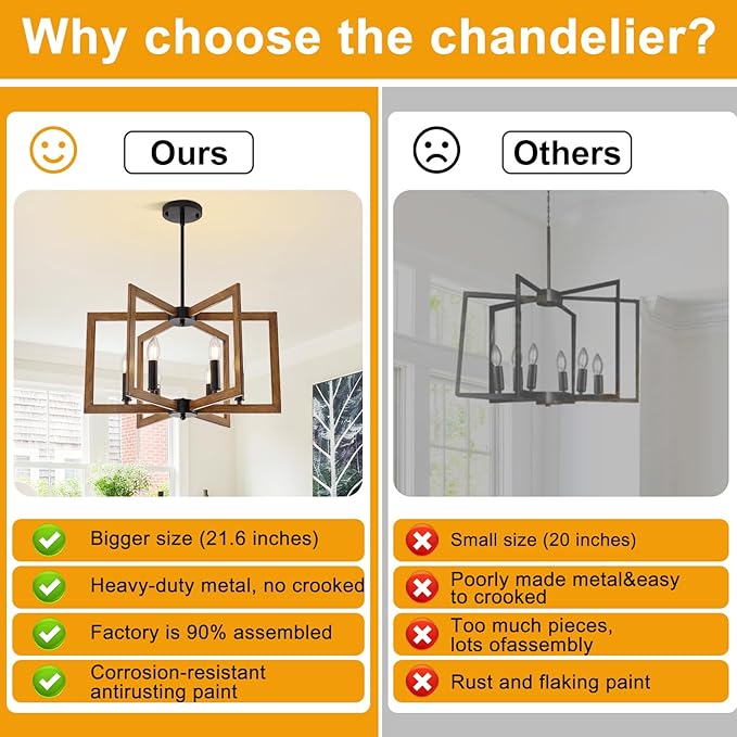 21.6" Farmhouse Chandelier, 6-Light Modern Geometric Dining Room Chandelier, Rustic Foyer Lighting Fixtures, Wood Grain Pendant Lights for Living Room, Dining Room, Bedroom, Kitchen Island, Entryway