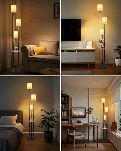 63IN Dimmable Floor Lamp with Shelf, Unique Black Tall Standing Lamps with Table, 3000K Warmwhite Mid Century Modern Floor Lamp with 5Lbs Heavy Base for Living Room/Bedroom (Bulbs Included)