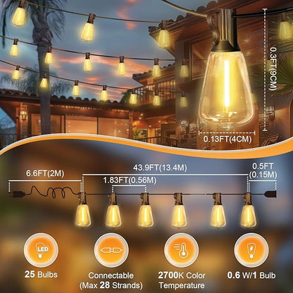 LAMPHOME Outdoor String Lights Waterproof, 51FT LED Patio Lights with 25+2 Spare ST38 Shatterproof Vintage Edison Bulbs,Connectable Hanging Lights for Backyard Garden Porch Deck Balcony Party Decor