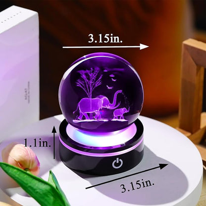 YWHL 3D Elephant Figurine Crystal Ball with Colorful Light Base, Glass Elephant Gifts for Women Mom on Birthday Christmas, Laser Engraved Elephants Statue Sphere Decor for Home Office(80mm)