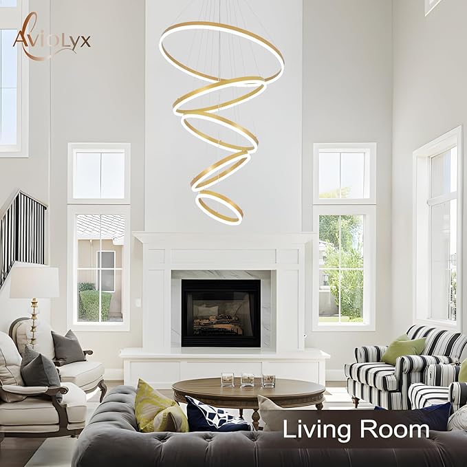 5 Rings Modern LED Chandelier Gold Large High Ceiling Chandeliers with Remote Control Contemporary Pendant Light Dimmable for Staircase Entryway Living Room Foyer Villa(3000K-6500K D31.5)