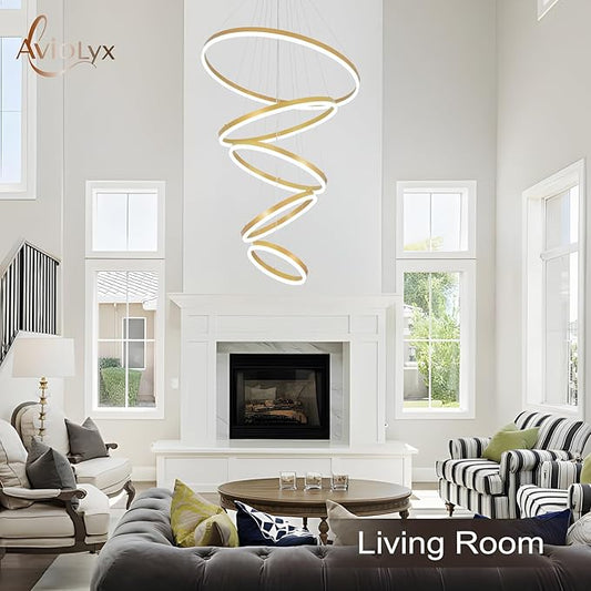5 Rings Modern LED Chandelier Gold Large High Ceiling Chandeliers with Remote Control Contemporary Pendant Light Dimmable for Staircase Entryway Living Room Foyer Villa(3000K-6500K D31.5)