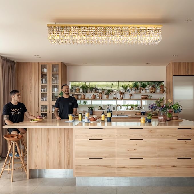 Siljoy 13-Light Modern Crystal Chandelier, Large Rectangular Gold K9 Crystal Raindrop Chandelier, Dimmable Flush Mount Crystal Ceiling Light for Dining Room Living Room Kitchen Island L59''